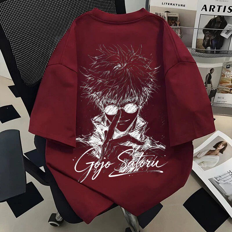 Men Oversized Anime Gojo Satoru Graphic T-shirt, Vintage Sketch Print Casual Short Sleeve Tops Unisex Summer Streetwear Tees