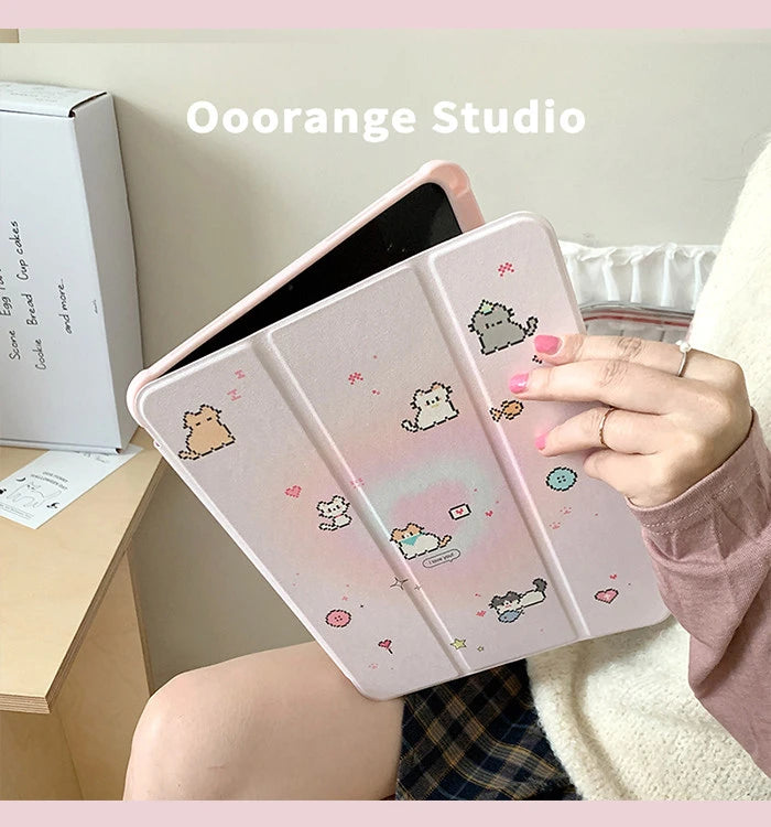 Korean Kawaii Cat Gradient Love Mirror Cover For iPad Pro 13 11th M5 M4 12.9 A16 10 8 7 9th 10th Air 11 M2 M3 Mini Tablet Case