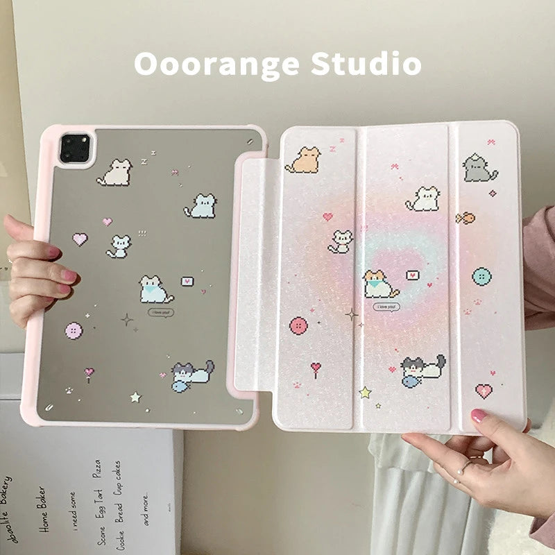 Korean Kawaii Cat Gradient Love Mirror Cover For iPad Pro 13 11th M5 M4 12.9 A16 10 8 7 9th 10th Air 11 M2 M3 Mini Tablet Case