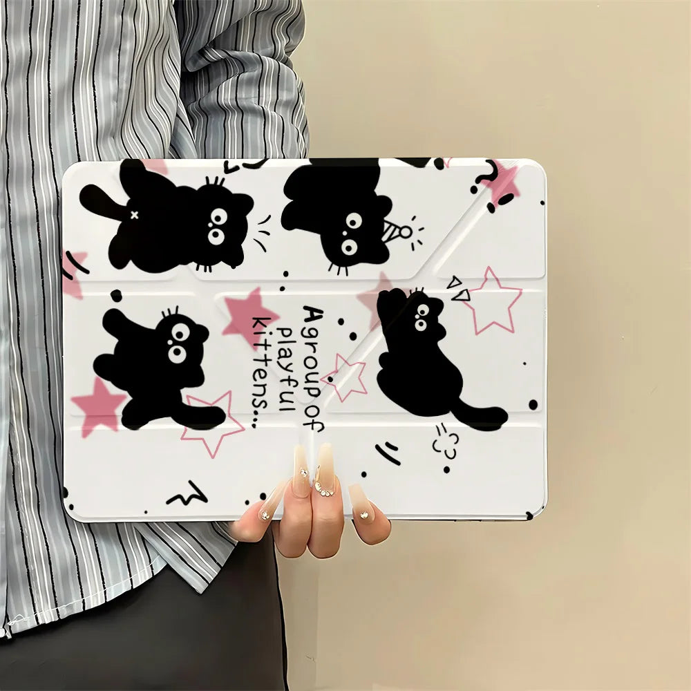Y-Fold Edge High Clarity Tablet Case for Apple iPad Pro 11 2021/2022 Mini 6 8.3 Inches with Pencil Holder Pink Star Black Cats