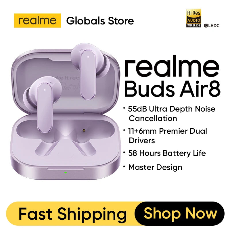 realme Buds Air8 TWS Earphone 11+6mm Premier Dual Drivers 55dB Noise Cancellation Up to 58 Hours of Playback IP55 Bluetooth 5.4