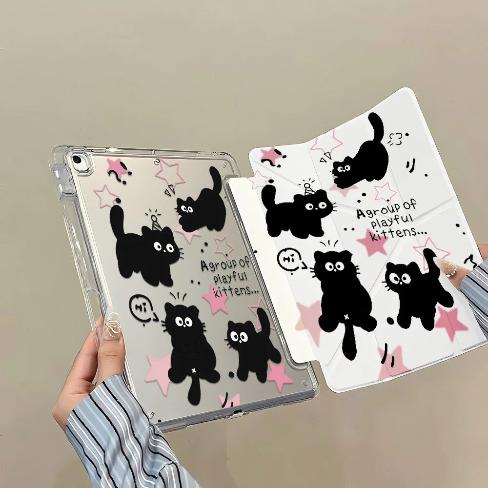 Y-Fold Edge High Clarity Tablet Case for Apple iPad Pro 11 2021/2022 Mini 6 8.3 Inches with Pencil Holder Pink Star Black Cats