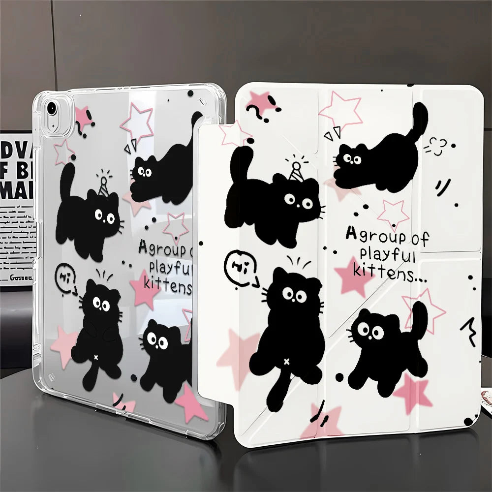 Y-Fold Edge High Clarity Tablet Case for Apple iPad Pro 11 2021/2022 Mini 6 8.3 Inches with Pencil Holder Pink Star Black Cats