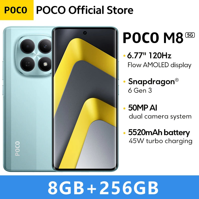 POCO M8 5G Global Version Smartphone 256GB 512GB Snapdragon® 6 Gen 3 NFC 6.77" 120Hz Display 50MP Main Camera 45W Charging