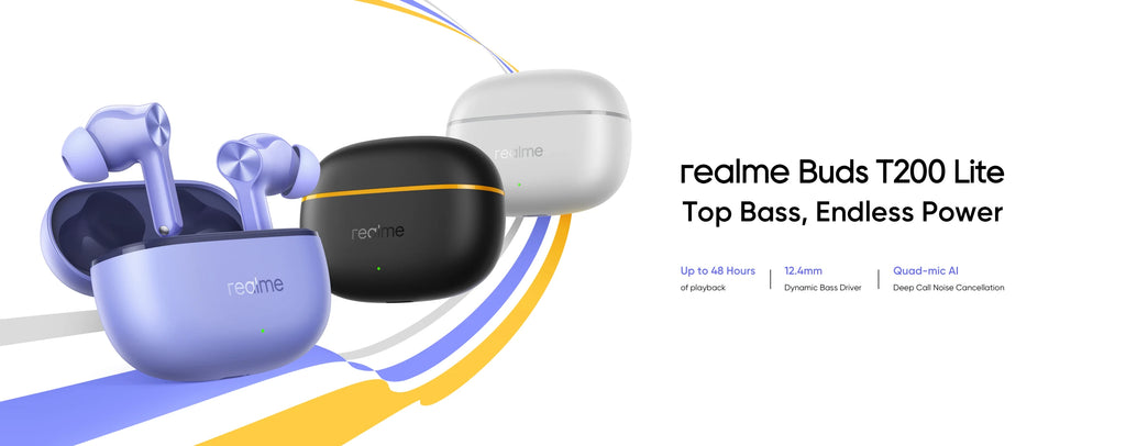 realme Buds T200 Lite TWS Earphone 12.4mm Dynamic Bass Driver Up to 48 Hours of Playback AI Deep Noise Cancellation Bluetooth5.4