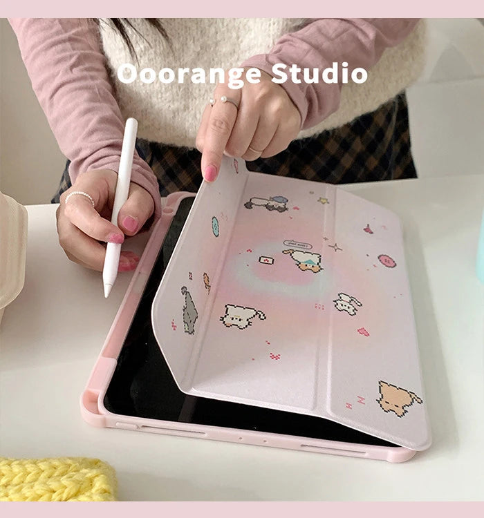 Korean Kawaii Cat Gradient Love Mirror Cover For iPad Pro 13 11th M5 M4 12.9 A16 10 8 7 9th 10th Air 11 M2 M3 Mini Tablet Case