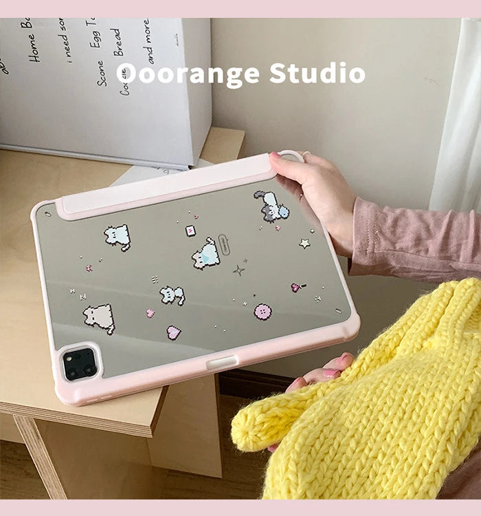Korean Kawaii Cat Gradient Love Mirror Cover For iPad Pro 13 11th M5 M4 12.9 A16 10 8 7 9th 10th Air 11 M2 M3 Mini Tablet Case