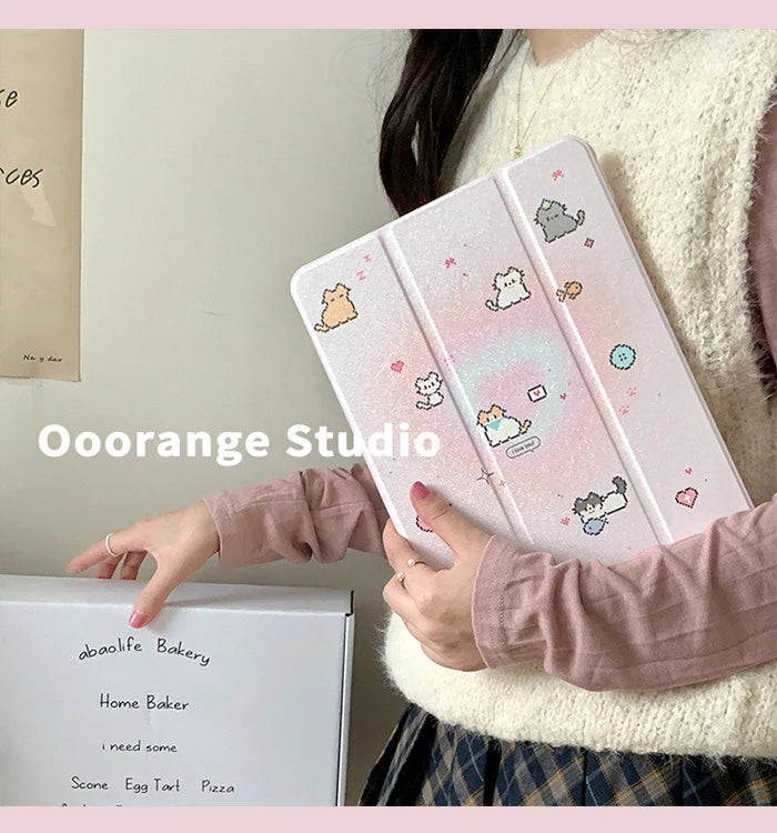 Korean Kawaii Cat Gradient Love Mirror Cover For iPad Pro 13 11th M5 M4 12.9 A16 10 8 7 9th 10th Air 11 M2 M3 Mini Tablet Case