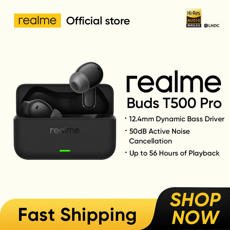 realme Buds T500 Pro TWS Earphones 50dB Noise Cancellation Up to 56 Hours of Playback Bluetooth 6.1 IP55 12.4mm Bass Driver