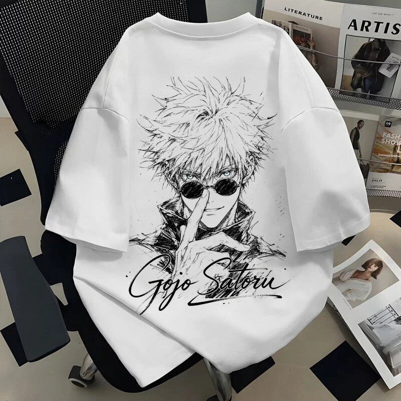 Men Oversized Anime Gojo Satoru Graphic T-shirt, Vintage Sketch Print Casual Short Sleeve Tops Unisex Summer Streetwear Tees