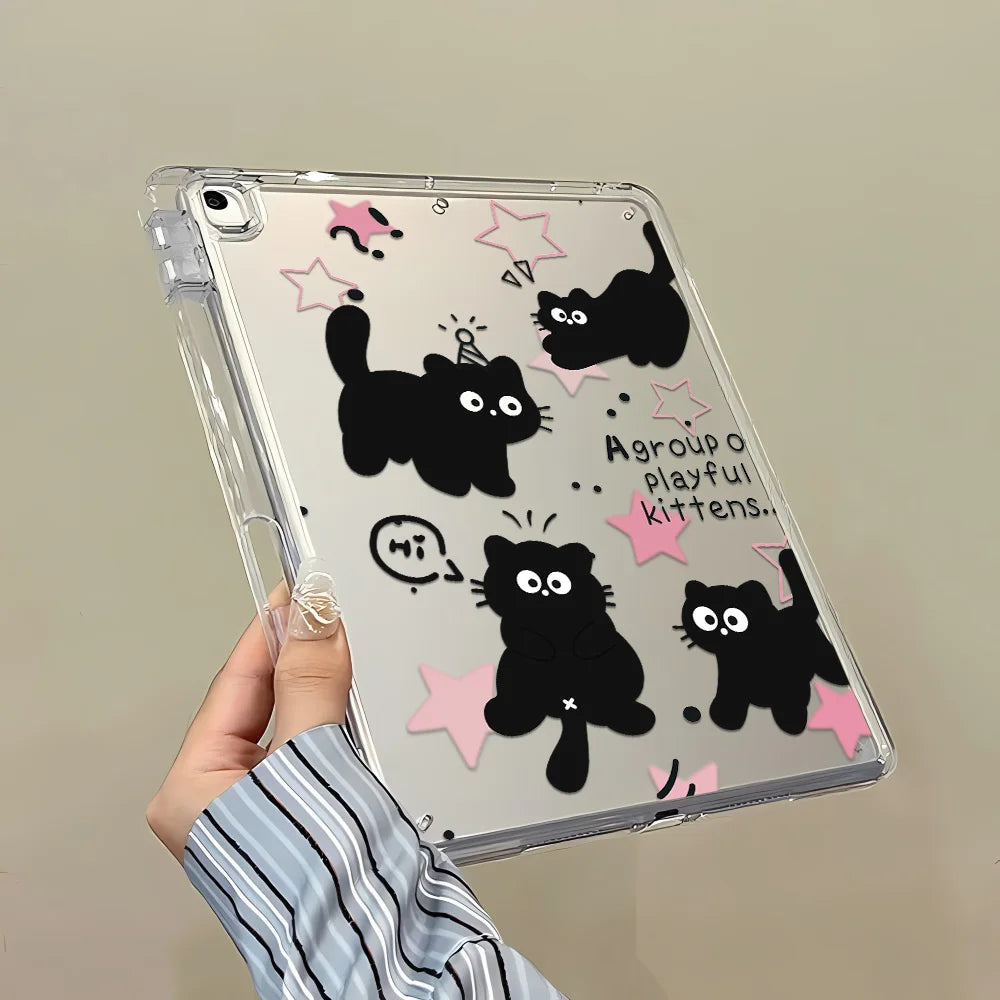Y-Fold Edge High Clarity Tablet Case for Apple iPad Pro 11 2021/2022 Mini 6 8.3 Inches with Pencil Holder Pink Star Black Cats