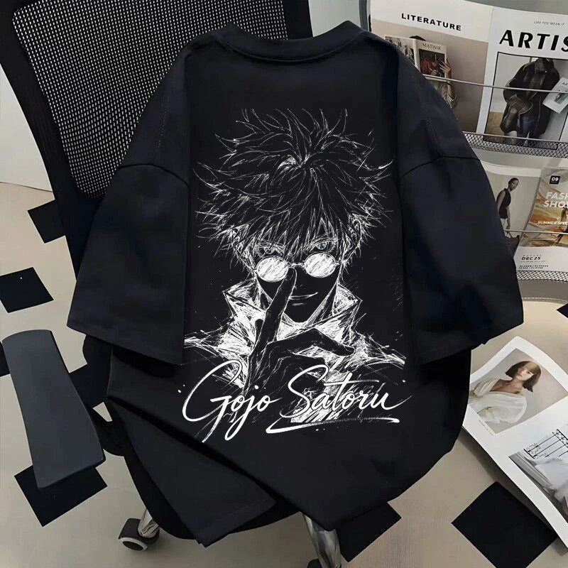 Men Oversized Anime Gojo Satoru Graphic T-shirt, Vintage Sketch Print Casual Short Sleeve Tops Unisex Summer Streetwear Tees