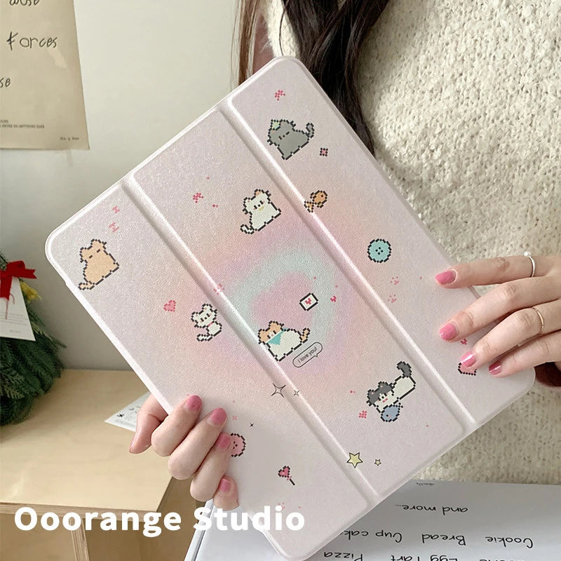 Korean Kawaii Cat Gradient Love Mirror Cover For iPad Pro 13 11th M5 M4 12.9 A16 10 8 7 9th 10th Air 11 M2 M3 Mini Tablet Case