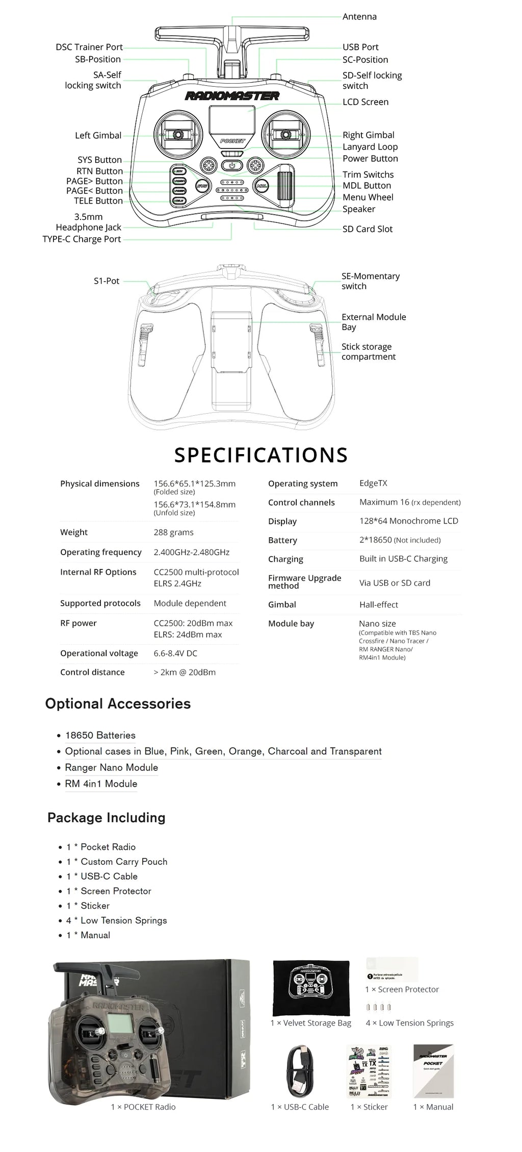 Radiomaster Pocket EdgeTX 2.4G Radio Controller FCC LBT (Mode2 Left-handed Throttle ) CC2500 / ELRS Hall Gimbal Transmitter