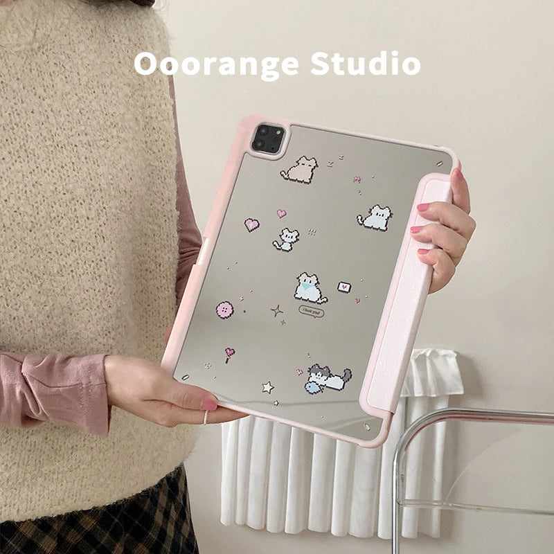 Korean Kawaii Cat Gradient Love Mirror Cover For iPad Pro 13 11th M5 M4 12.9 A16 10 8 7 9th 10th Air 11 M2 M3 Mini Tablet Case
