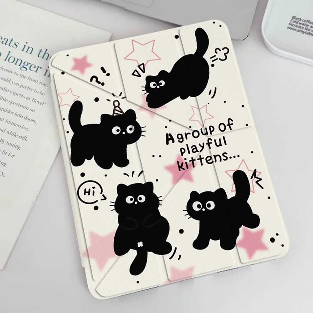 Y-Fold Edge High Clarity Tablet Case for Apple iPad Pro 11 2021/2022 Mini 6 8.3 Inches with Pencil Holder Pink Star Black Cats