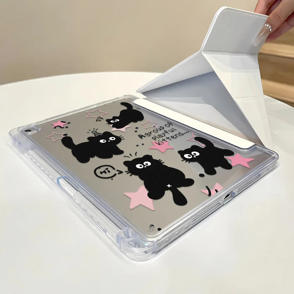 Y-Fold Edge High Clarity Tablet Case for Apple iPad Pro 11 2021/2022 Mini 6 8.3 Inches with Pencil Holder Pink Star Black Cats