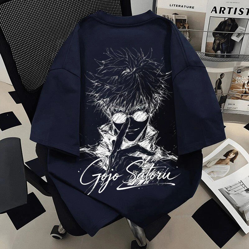 Men Oversized Anime Gojo Satoru Graphic T-shirt, Vintage Sketch Print Casual Short Sleeve Tops Unisex Summer Streetwear Tees