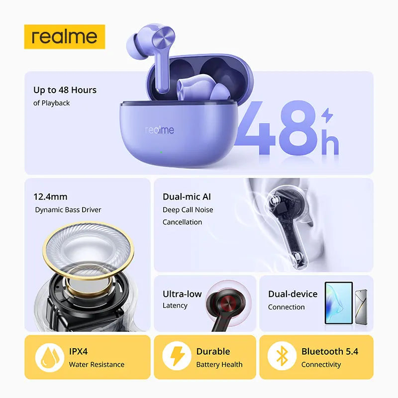 realme Buds T200 Lite TWS Earphone 12.4mm Dynamic Bass Driver Up to 48 Hours of Playback AI Deep Noise Cancellation Bluetooth5.4