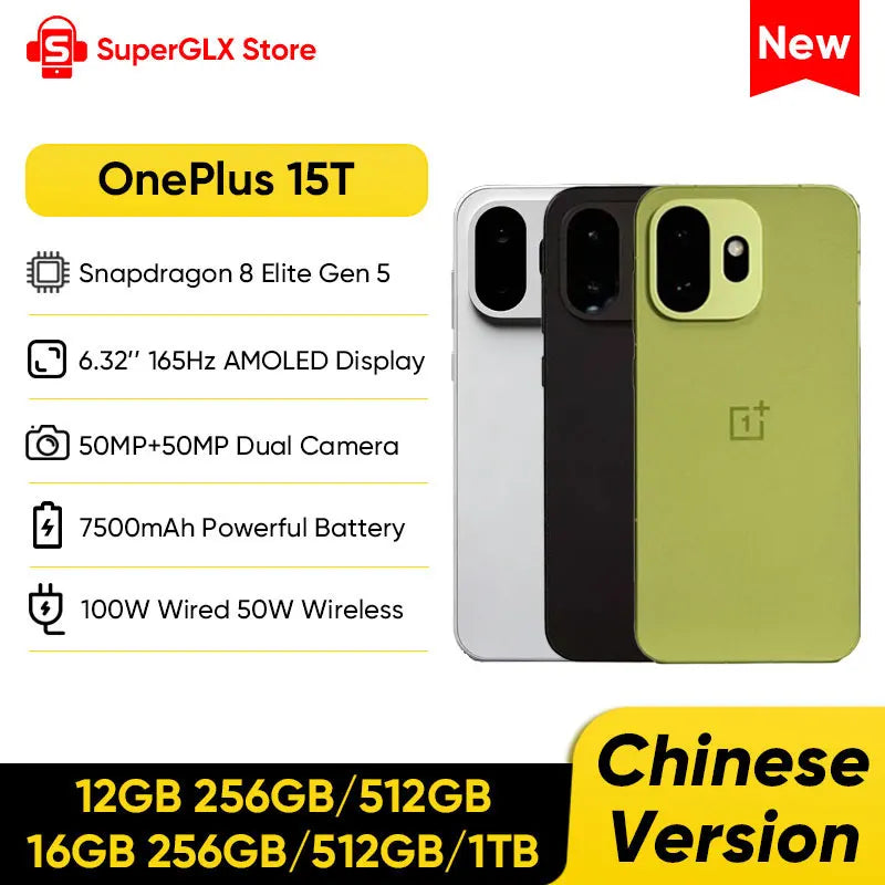 OnePlus 15T Unlocked 5G Smartphone Snapdragon 8 Elite Gen 5 6.32'' 165Hz Screen 7500mAh 100W Wired 50W Wireless 50MP Camera NFC