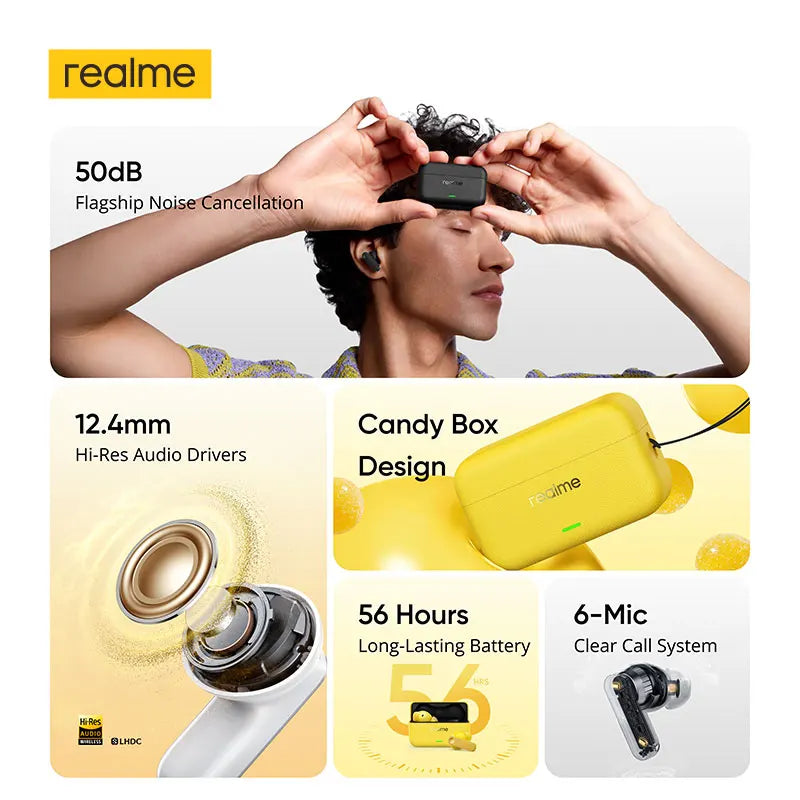 realme Buds T500 Pro TWS Earphones 50dB Noise Cancellation Up to 56 Hours of Playback Bluetooth 6.1 IP55 12.4mm Bass Driver