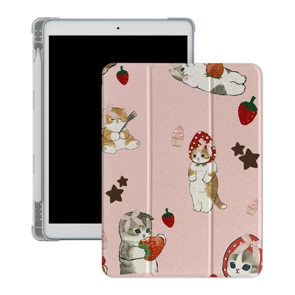 Kawaii Strawberry Cat pattern tri-fold Tablet CASE For iPad pro 10/11/2020/6th/7th /8th /Air 3rd/Air 4th/9th gen/Air 5th Gen 202