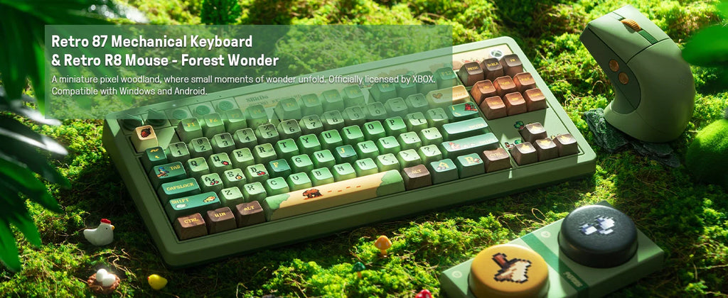 8BitDo Retro 87 Mechanical Keyboard & Retro R8 Mouse - Forest Wonder Officially licensed by XBOX. Compatible Windows Android.