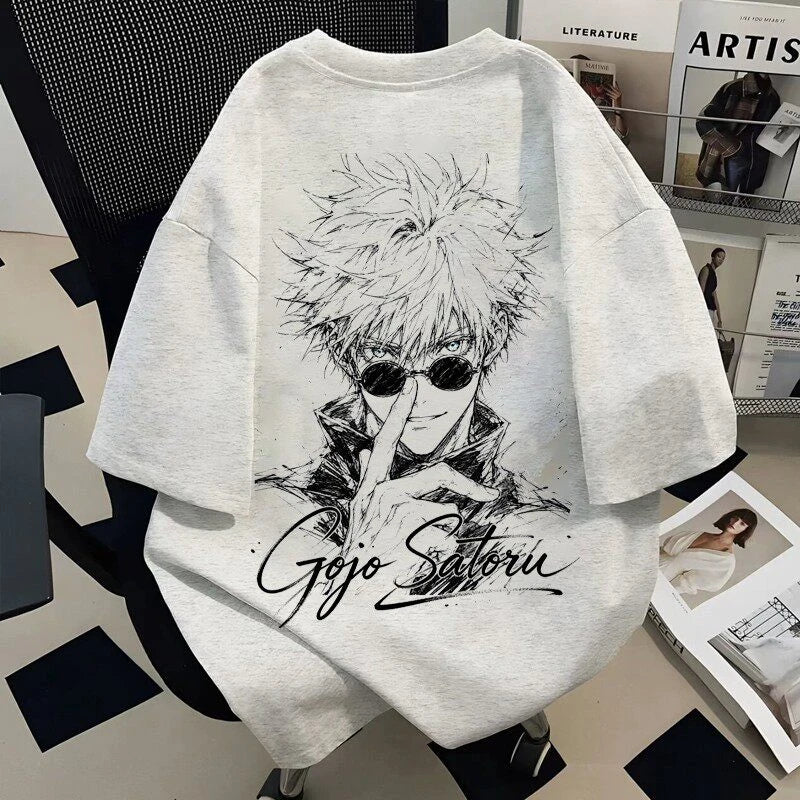 Men Oversized Anime Gojo Satoru Graphic T-shirt, Vintage Sketch Print Casual Short Sleeve Tops Unisex Summer Streetwear Tees