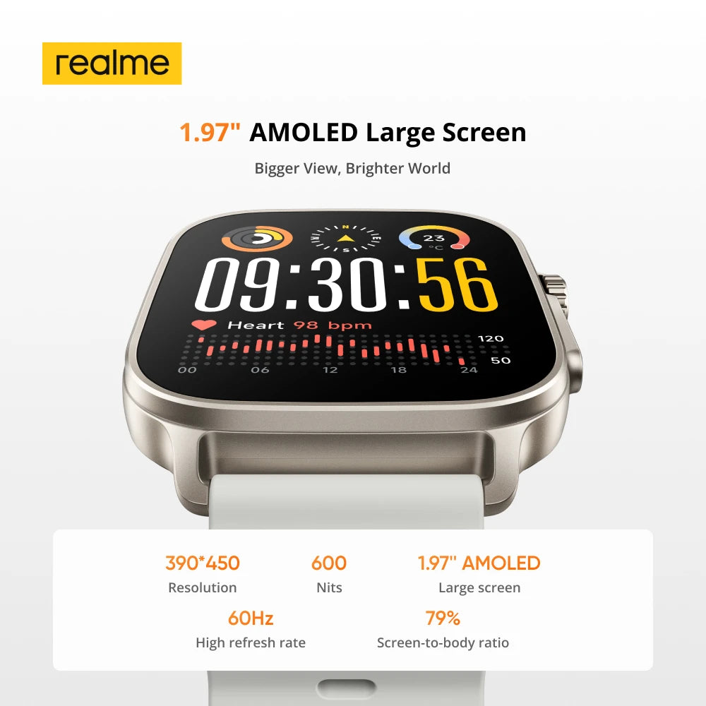 realme Watch 5 Smart Watch 1.97" 2D Flat AMOLED Display Compass & Independent GPS with 5 GNSS 14-day Battery Life NFC Card IP68