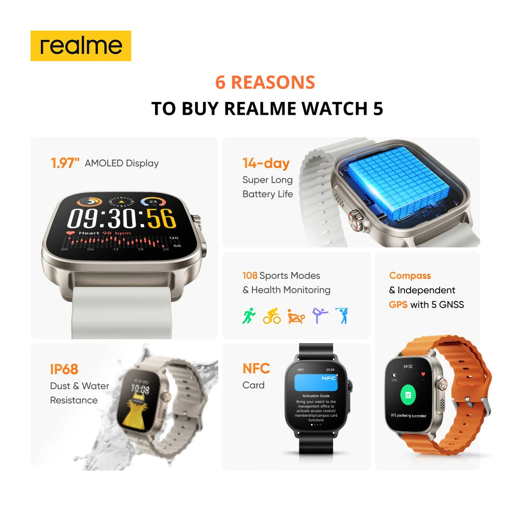 realme Watch 5 Smart Watch Global Version 1.97" AMOLED Display Sports & Health Monitoring 14-day Battery Life IP68 Bluetooth 5.3