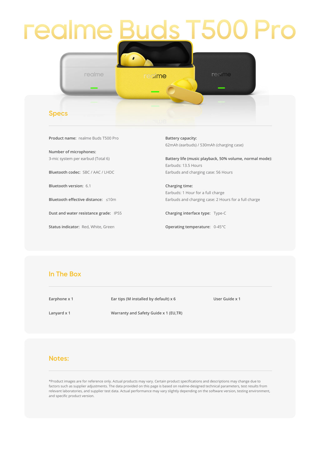 realme Buds T500 Pro TWS Earphones 50dB Noise Cancellation Up to 56 Hours of Playback Bluetooth 6.1 IP55 12.4mm Bass Driver