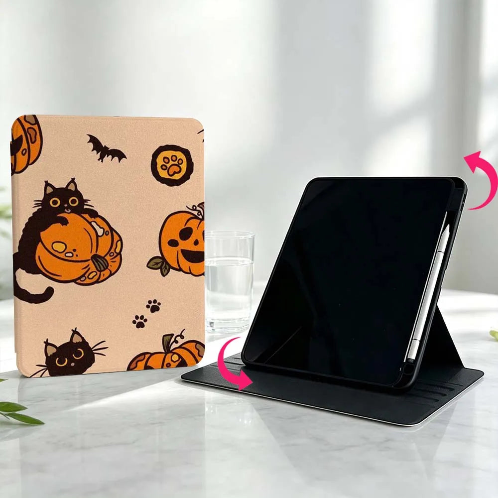Halloween Cat For iPad Pro Air mini 6 5 4 12th M5 M4 M3 M2 A16 A17Pro 360° Rotation Stylus Storage Tablet Case Soft