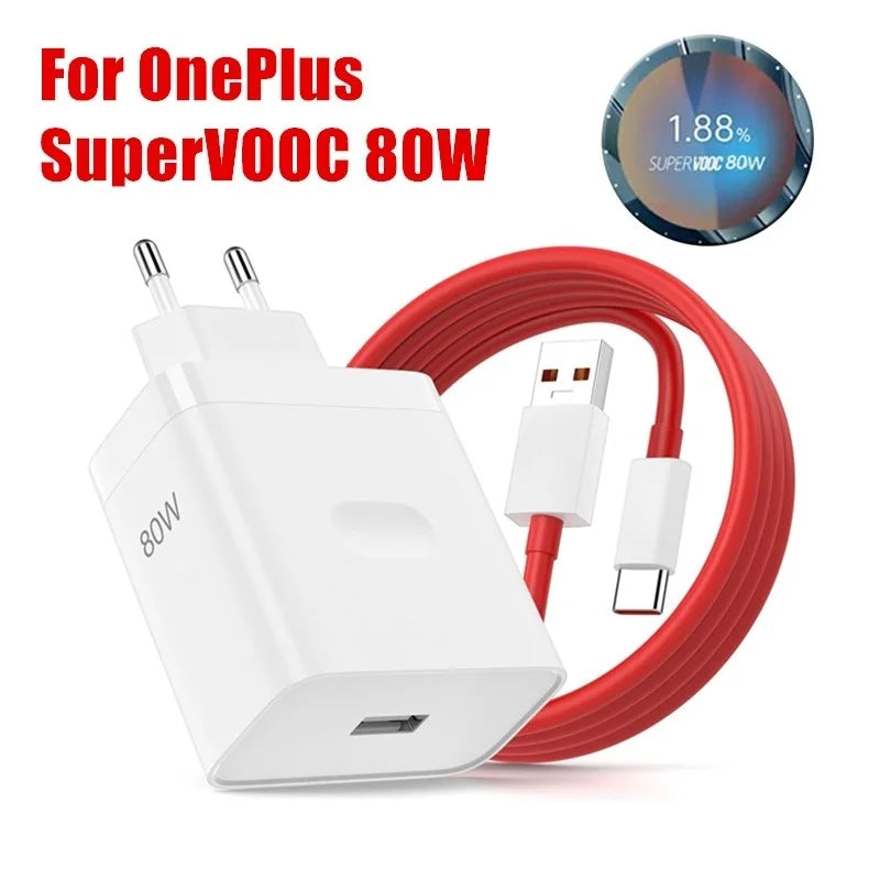 For OnePlus 80W SuperVOOC EU Fast Wall Charger For OnePlus 10 Pro 11 12 13 15 Nord 4 5 CE 2 3 Lite OPPO Realme Type C USB Cable