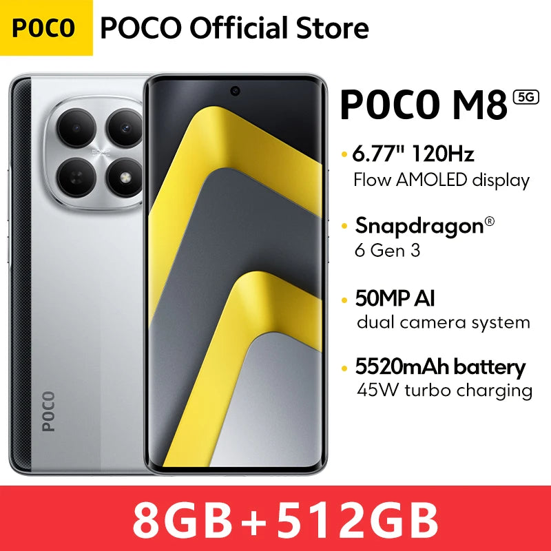 POCO M8 5G Global Version Smartphone 256GB 512GB Snapdragon® 6 Gen 3 NFC 6.77" 120Hz Display 50MP Main Camera 45W Charging