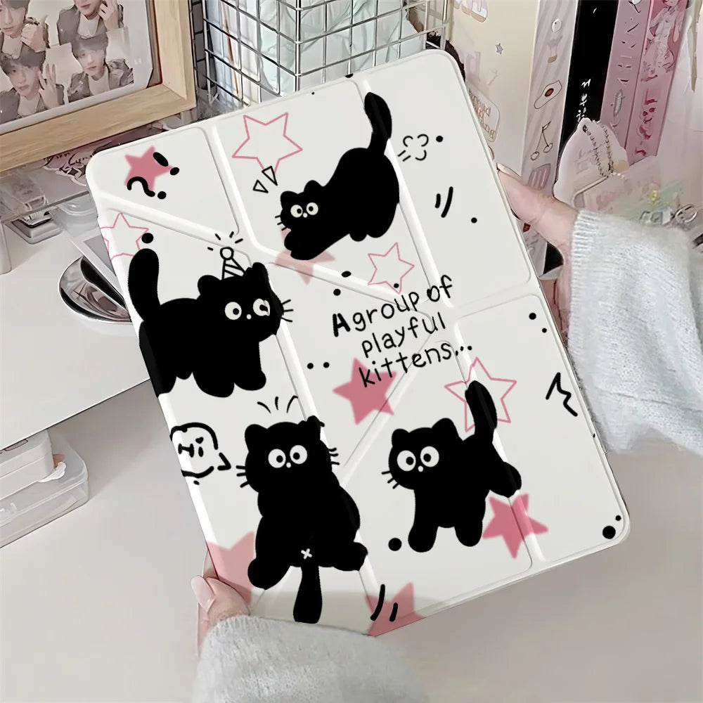 Y-Fold Edge High Clarity Tablet Case for Apple iPad Pro 11 2021/2022 Mini 6 8.3 Inches with Pencil Holder Pink Star Black Cats