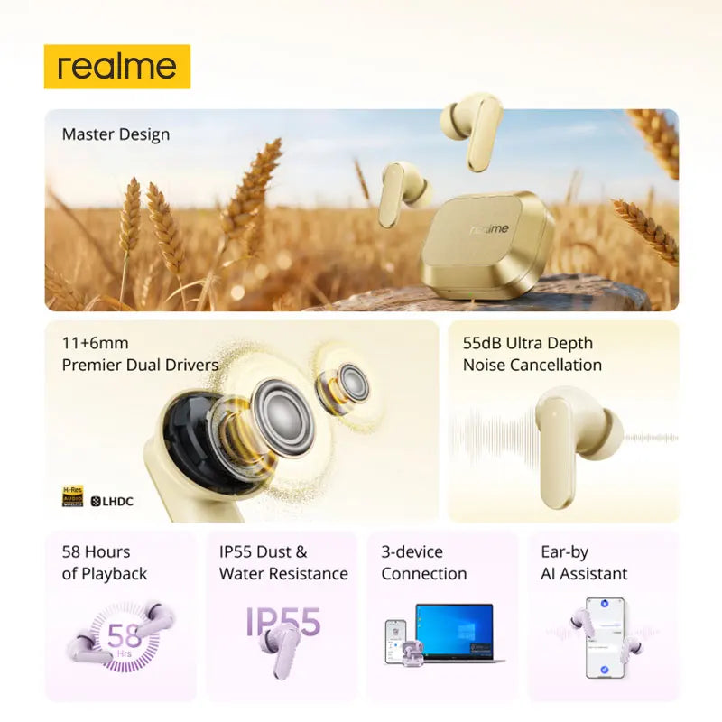 Global Version realme Buds Air 8 55dB Ultra Depth Noise Cancellation True Wireless Earphone Bluetooth 5.4 Earbuds LHDC 5.0 IP55
