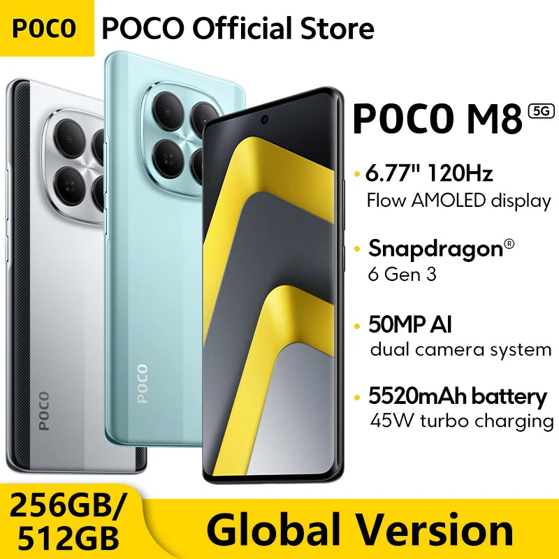 POCO M8 5G Global Version Smartphone 256GB 512GB Snapdragon® 6 Gen 3 NFC 6.77" 120Hz Display 50MP Main Camera 45W Charging
