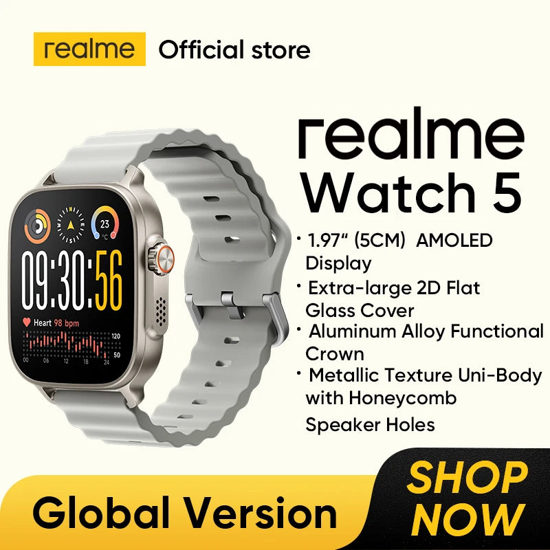 realme Watch 5 Smart Watch Global Version 1.97" AMOLED Display Sports & Health Monitoring 14-day Battery Life IP68 Bluetooth 5.3