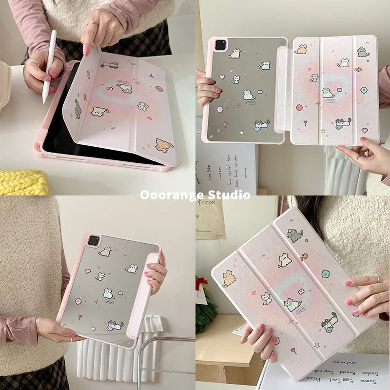 Korean Kawaii Cat Gradient Love Mirror Cover For iPad Pro 13 11th M5 M4 12.9 A16 10 8 7 9th 10th Air 11 M2 M3 Mini Tablet Case