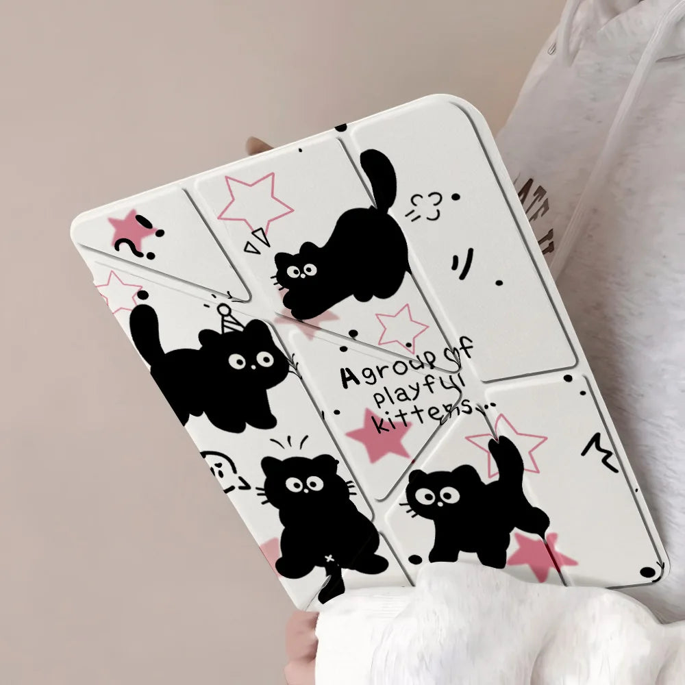Y-Fold Edge High Clarity Tablet Case for Apple iPad Pro 11 2021/2022 Mini 6 8.3 Inches with Pencil Holder Pink Star Black Cats