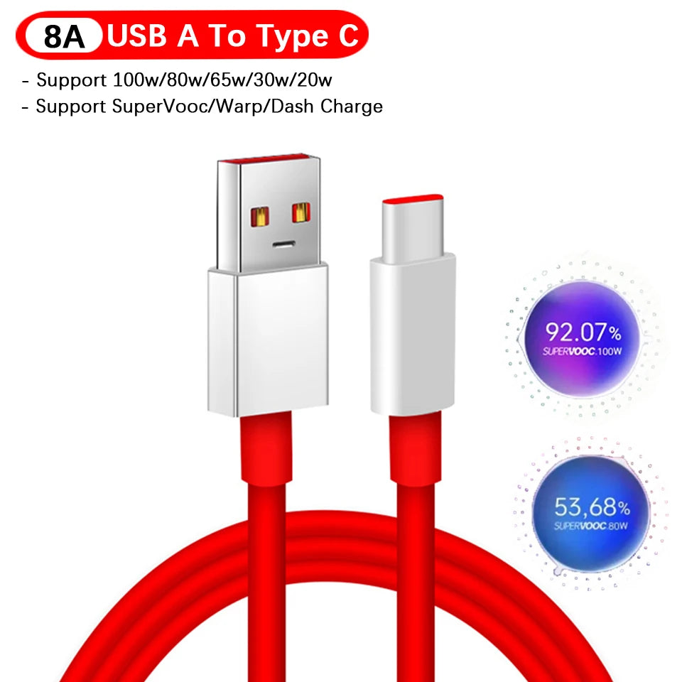 Original 100W 80W Supervooc Fast Charger Cable USB Type C 8A Warp Charge Cord For Oneplus 13 12 11R 10 Pro Ace 5 3 2 Nord 5 N30