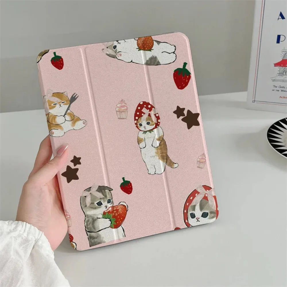 Kawaii Strawberry Cat pattern tri-fold Tablet CASE For iPad pro 10/11/2020/6th/7th /8th /Air 3rd/Air 4th/9th gen/Air 5th Gen 202