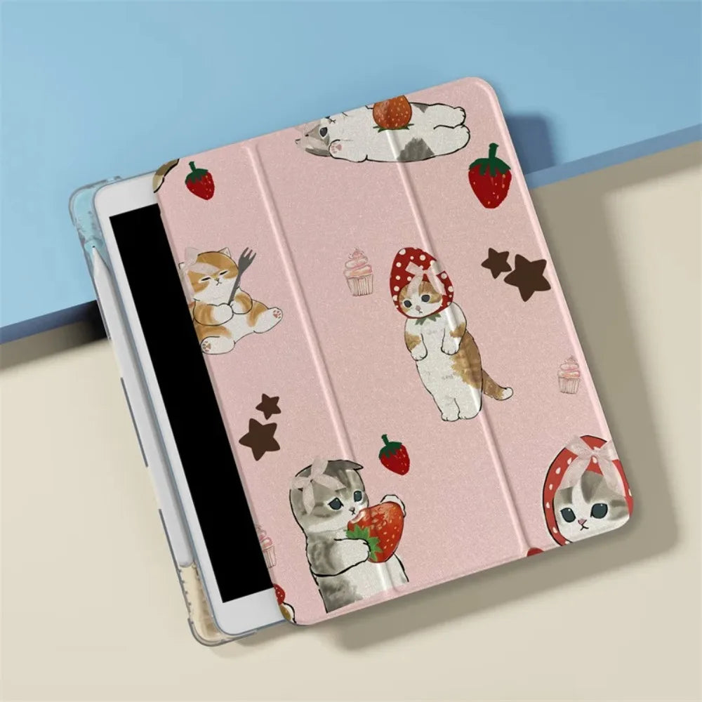 Kawaii Strawberry Cat pattern tri-fold Tablet CASE For iPad pro 10/11/2020/6th/7th /8th /Air 3rd/Air 4th/9th gen/Air 5th Gen 202