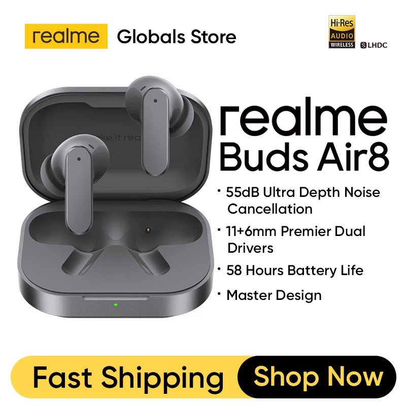 realme Buds Air8 TWS Earphone 11+6mm Premier Dual Drivers 55dB Noise Cancellation Up to 58 Hours of Playback IP55 Bluetooth 5.4