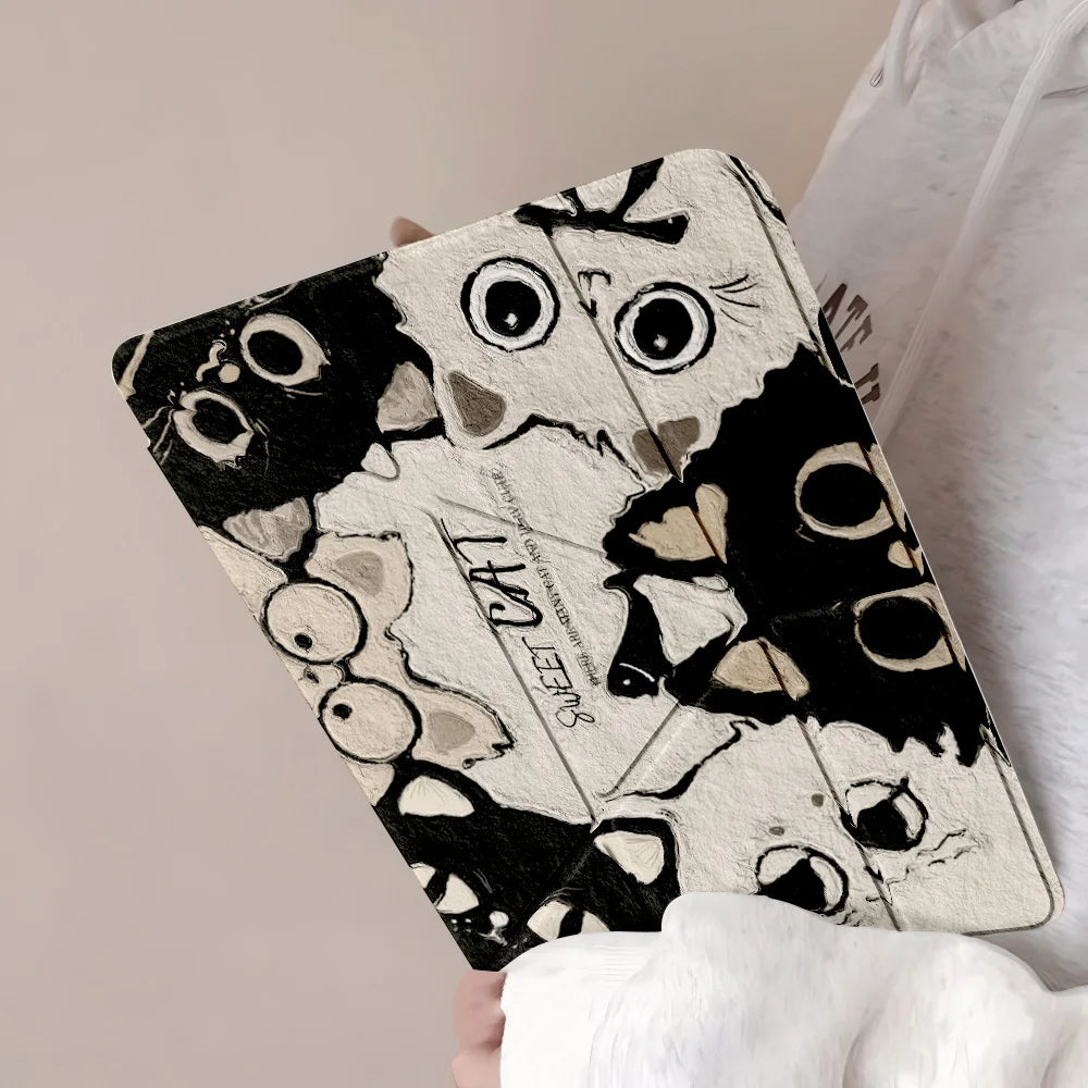 Y-Fold Edge High Clarity Tablet Case for Apple iPad Pro 11 2021/2022 Mini 6 8.3 Inches with Pencil Holder Pink Star Black Cats
