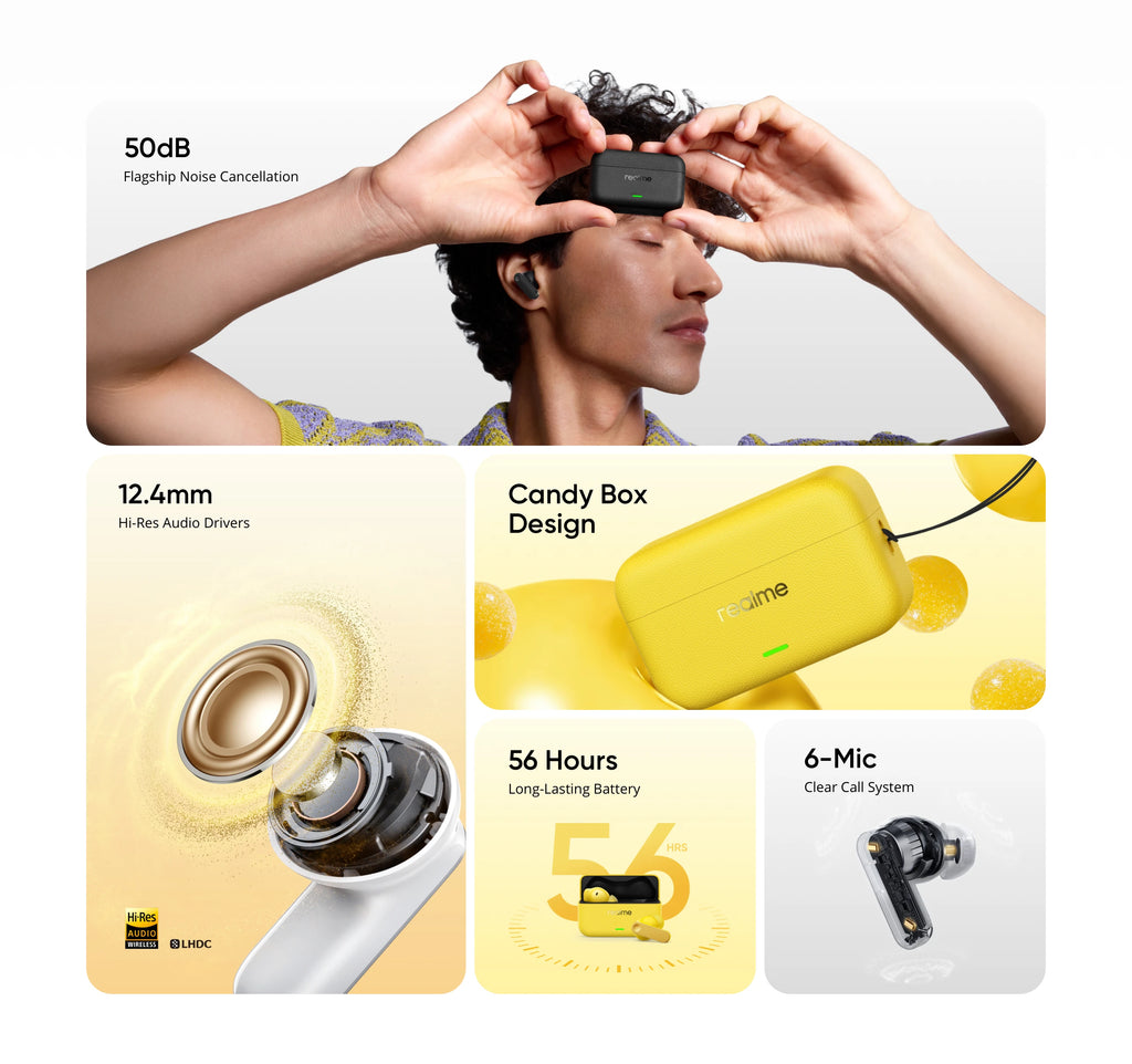 realme Buds T500 Pro TWS Earphones 50dB Noise Cancellation Up to 56 Hours of Playback Bluetooth 6.1 IP55 12.4mm Bass Driver