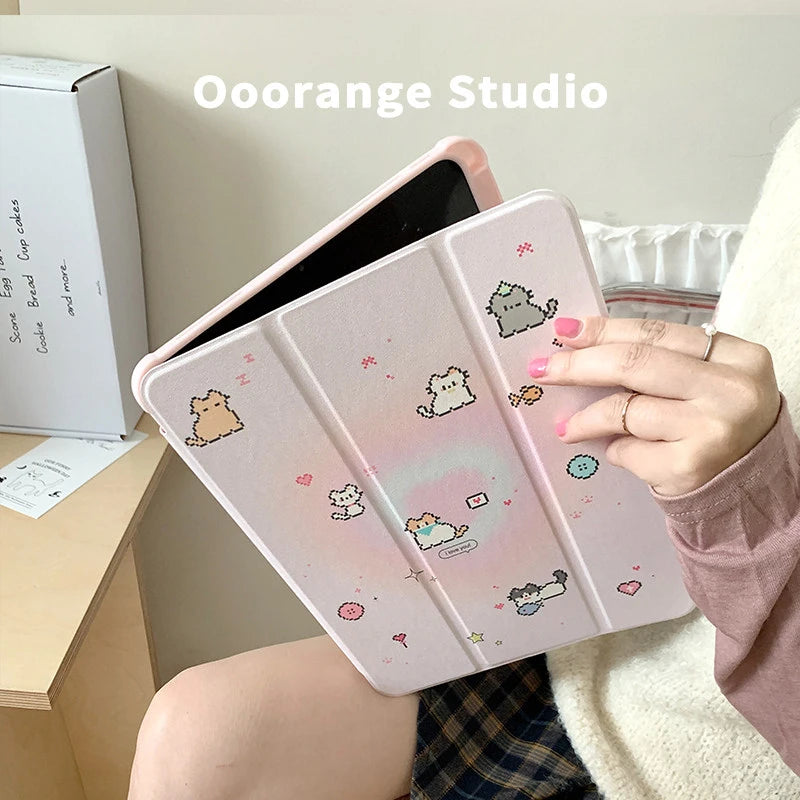 Korean Kawaii Cat Gradient Love Mirror Cover For iPad Pro 13 11th M5 M4 12.9 A16 10 8 7 9th 10th Air 11 M2 M3 Mini Tablet Case