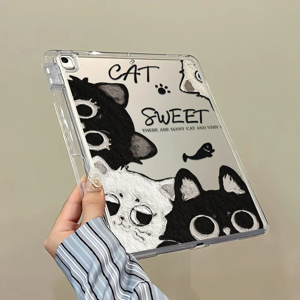 Y-Fold Edge High Clarity Tablet Case for Apple iPad Pro 11 2021/2022 Mini 6 8.3 Inches with Pencil Holder Pink Star Black Cats