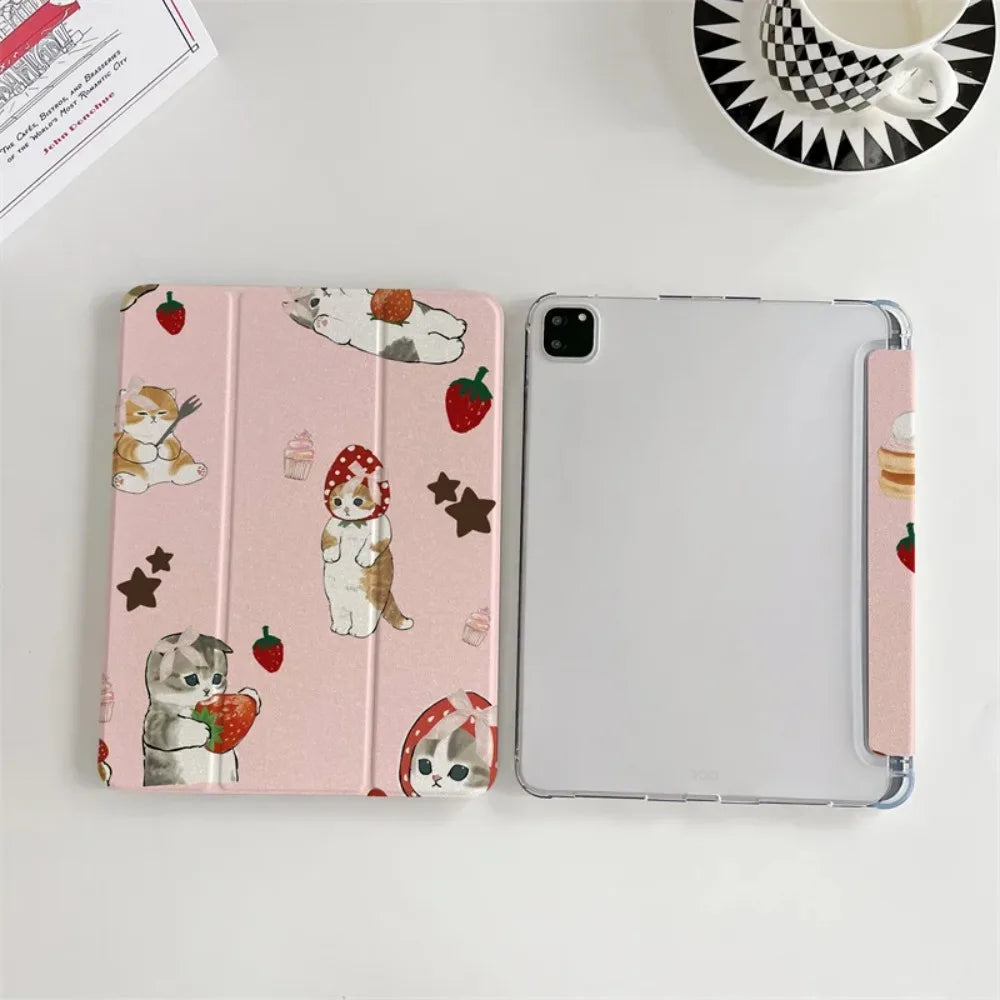 Kawaii Strawberry Cat pattern tri-fold Tablet CASE For iPad pro 10/11/2020/6th/7th /8th /Air 3rd/Air 4th/9th gen/Air 5th Gen 202