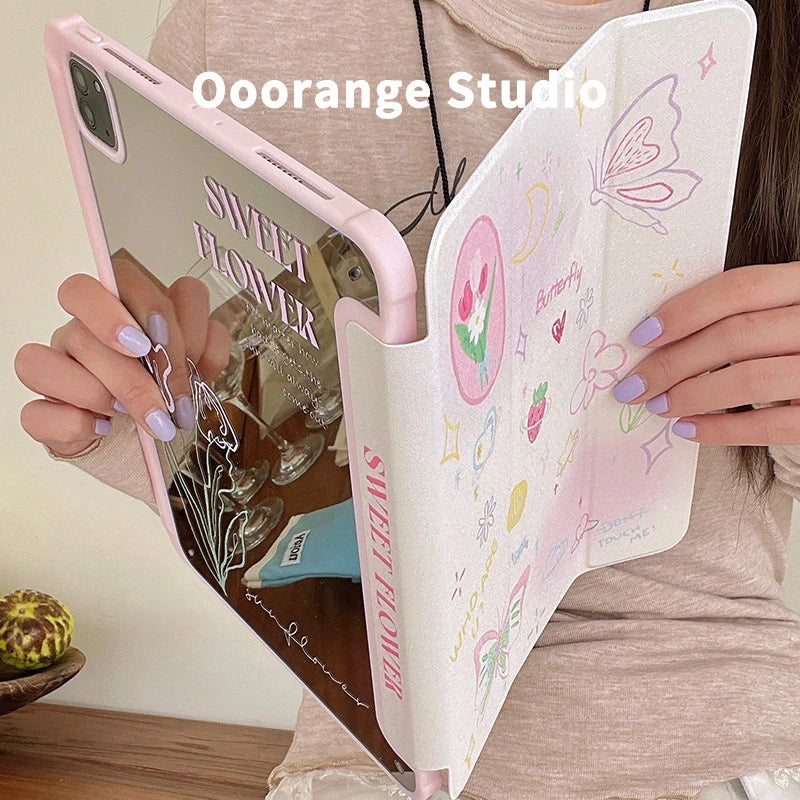 Korean Kawaii Cat Gradient Love Mirror Cover For iPad Pro 13 11th M5 M4 12.9 A16 10 8 7 9th 10th Air 11 M2 M3 Mini Tablet Case
